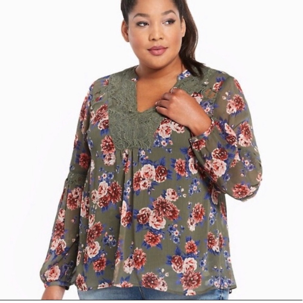 Torrid | Olive Green Crinkle Chiffon Floral Long Sleeve Peasant Blouse | size 2